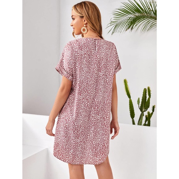 Maternity dot Print Roll Up short Sleeve Belted mini Dress pink - Picture 2 of 11